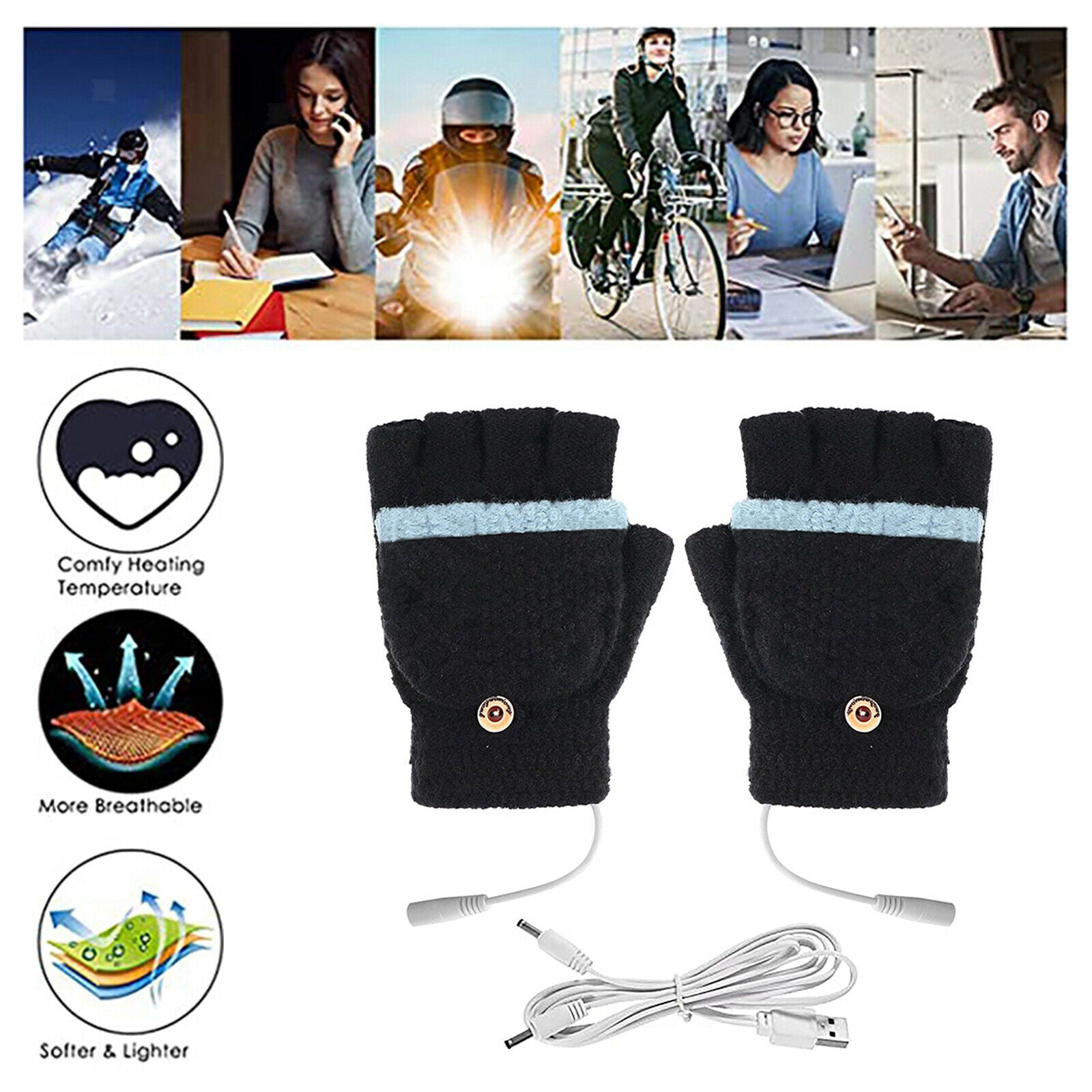 Winter Hand Warmers Rechargeable Gloves Heater USB Charger Winter Thermal