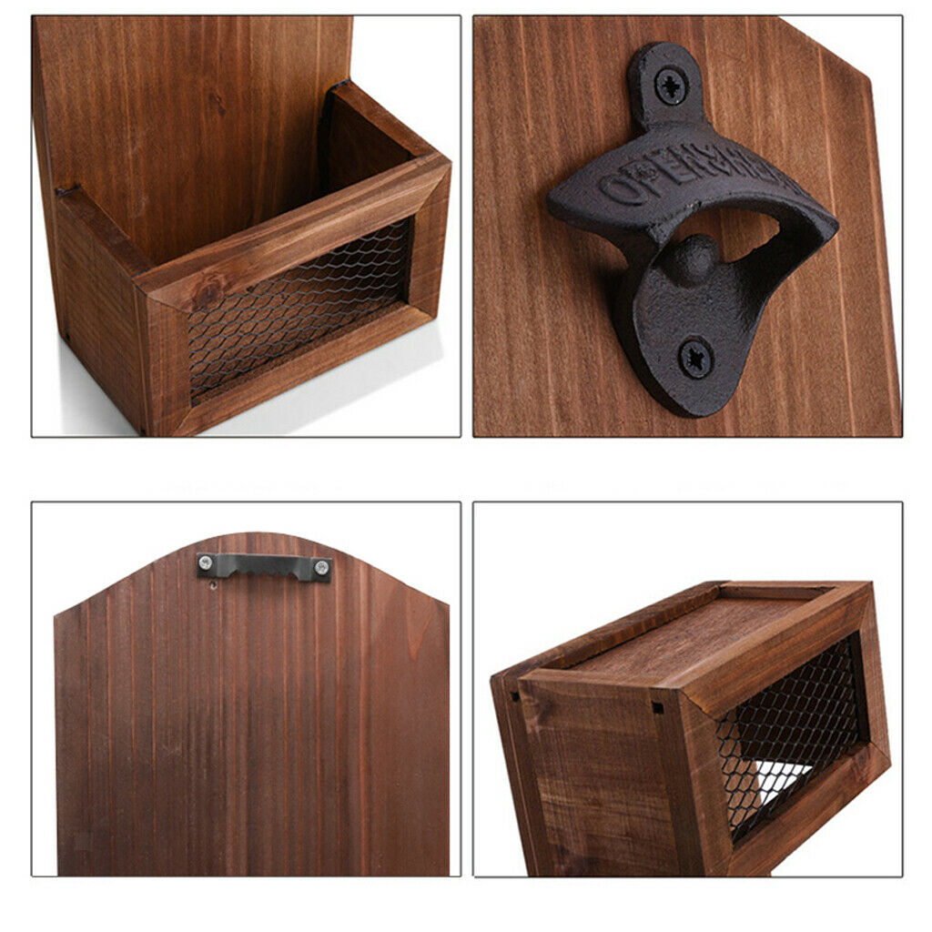 Bar Rustic Wooden Retro Wall Hanging Bottles Opener W/   Catcher Holder