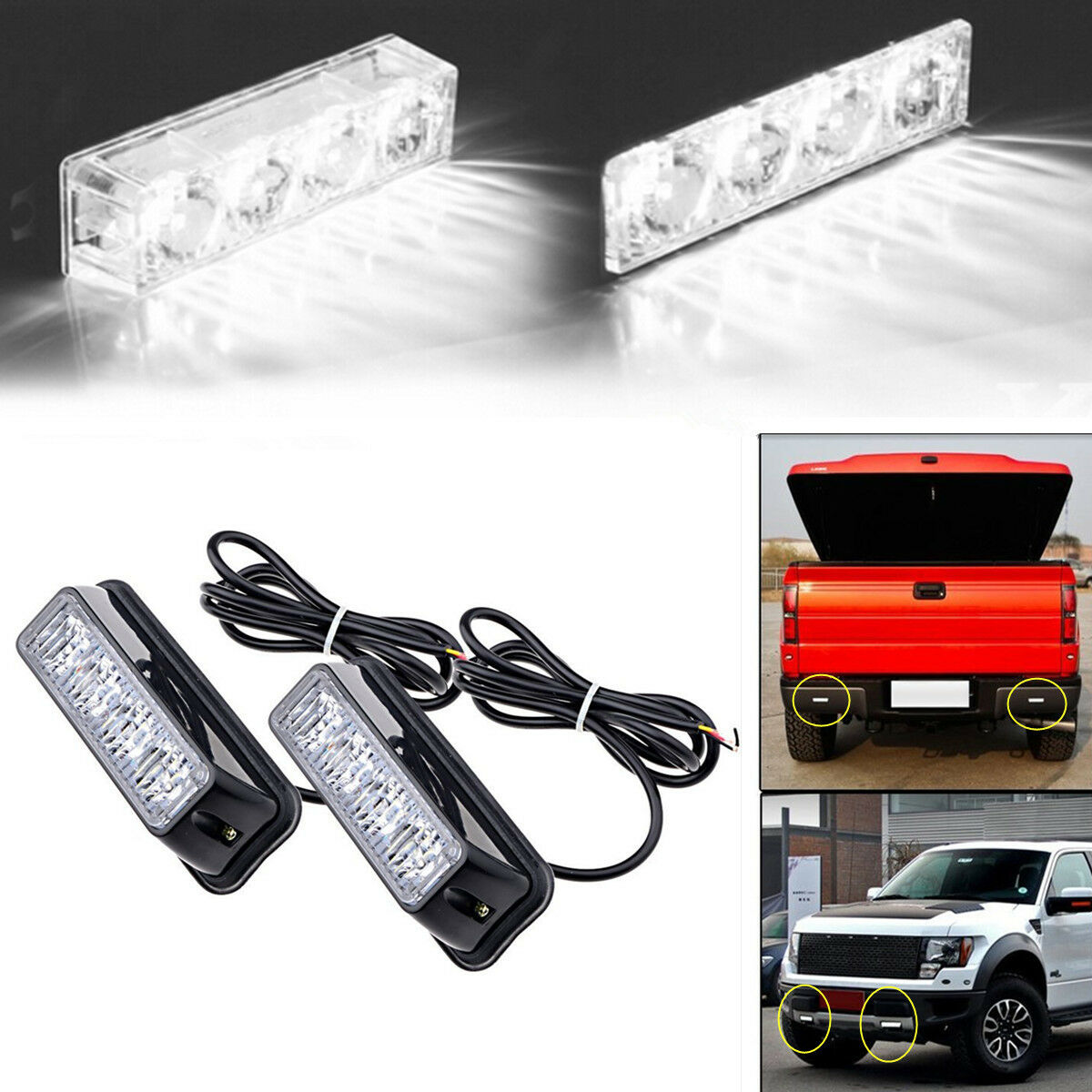 2pc 4LED White Car SUV Truck Pickup Emergency Warning Flash Strobe Light Bar 12V