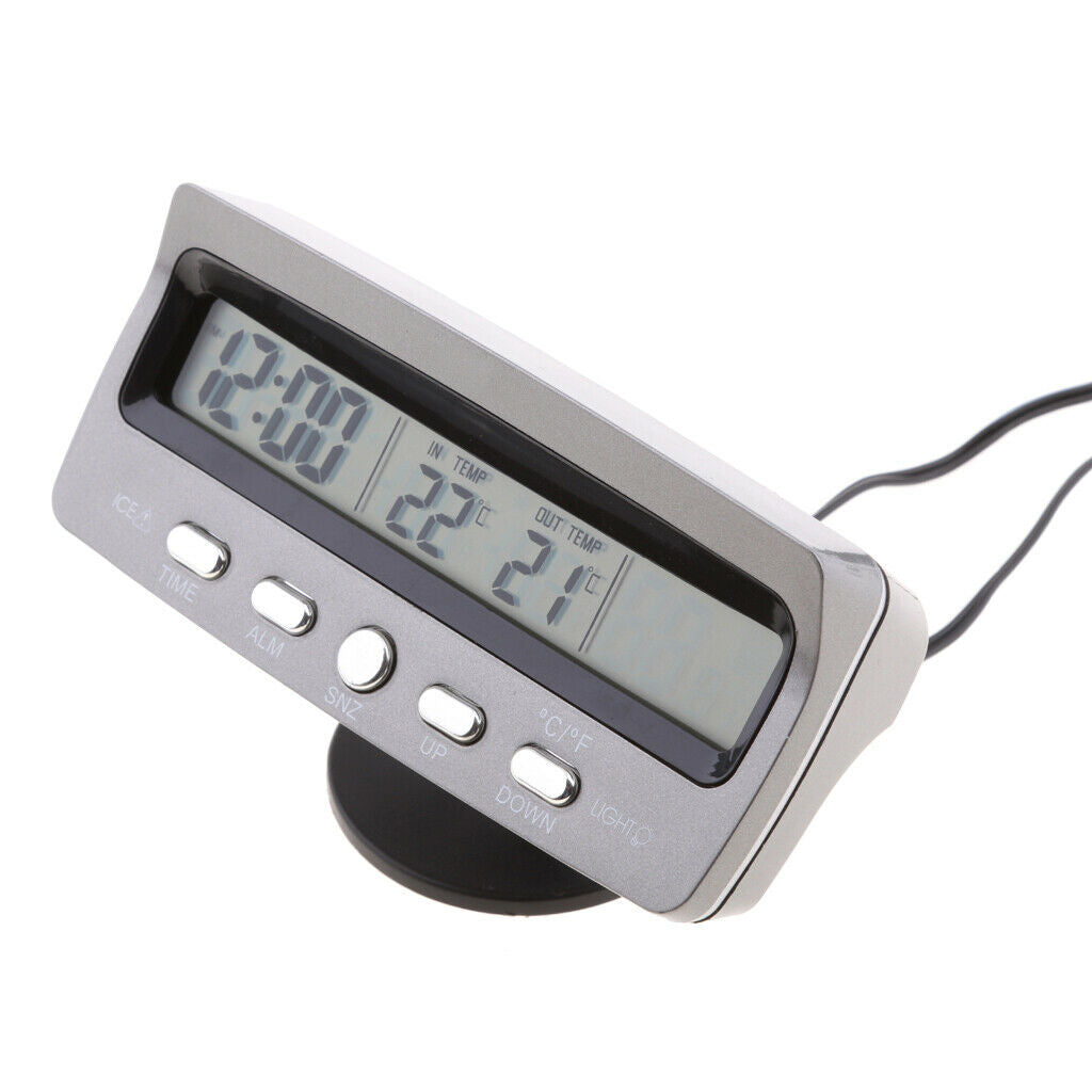 Digital 12V Car Voltmeter Voltage Monitor Alarm Clock With Inside/Outside