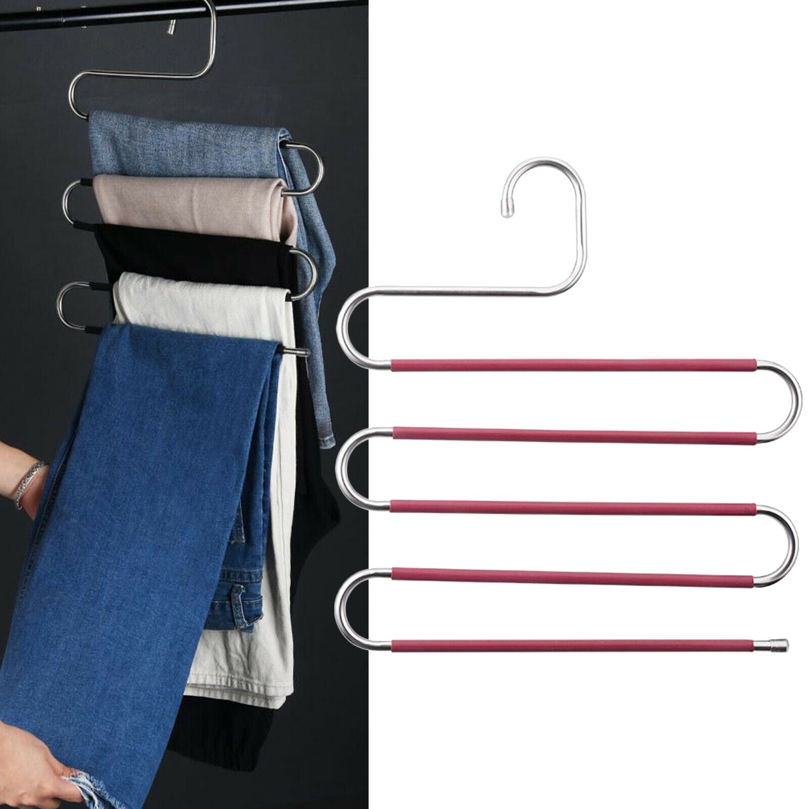 Pants Clothes Storage Rack Pants Tie Storage Shelf Closet Organizer Rose Red