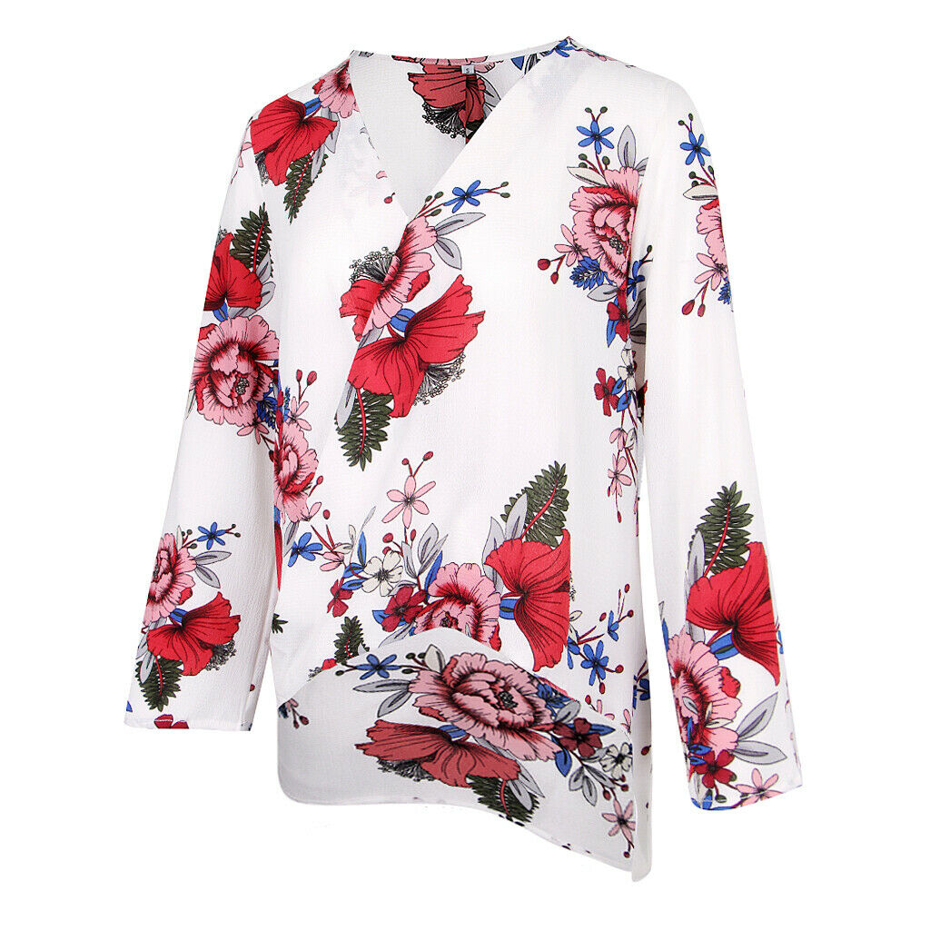Women's V-Neck Bell Sleeve Blouse Floral Print Wrap Front Top Shirt M White