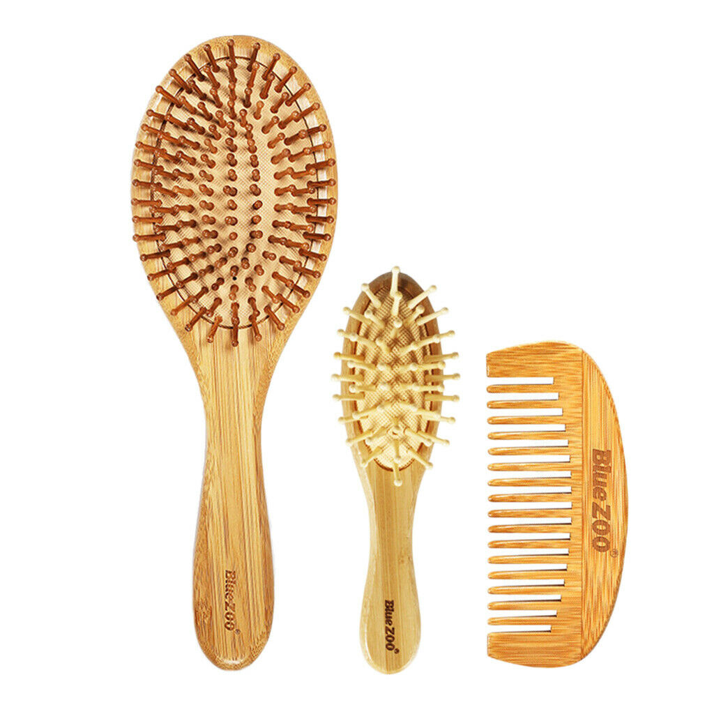 3x Bamboo Wooden Hair Brush Air Cushion Comb Scalp Massage No Hair