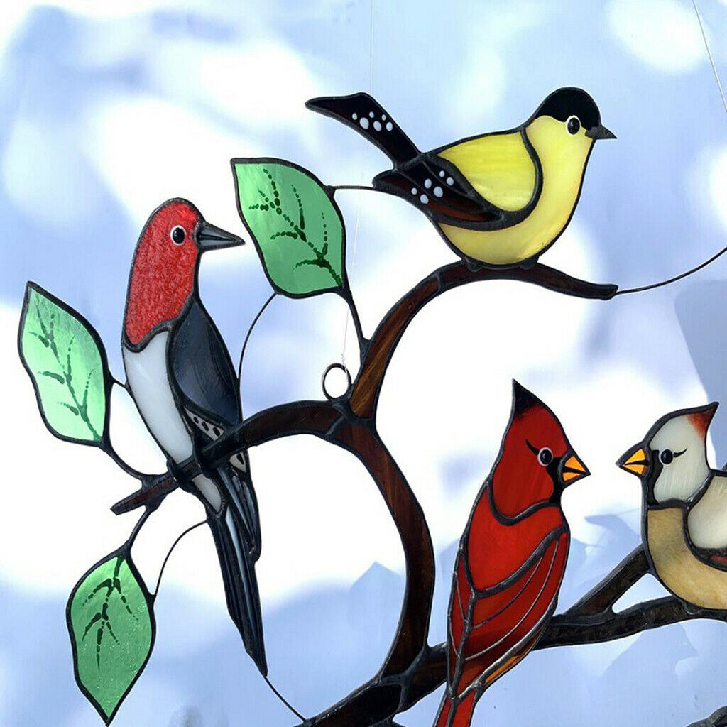 Lovely Stained Glass Birds-On-Branch Window Panel Hanging Suncatcher decor