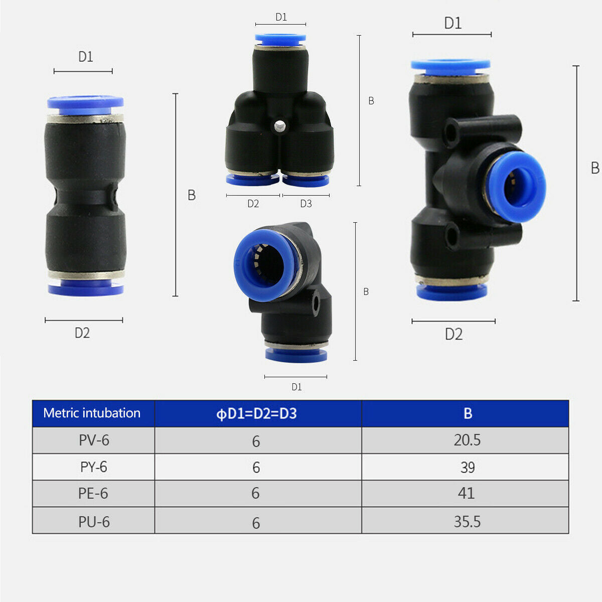 40x 6mm OD 1/4 Inch Plastic Pneumatic Push Connector Set Air Line Quick Fittings