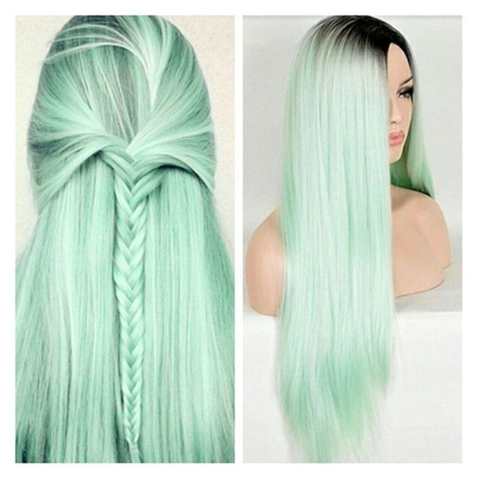 Synthetic Hair Wig Long Straight Lace Front Wigs Heat Safe Ombre Mint Green