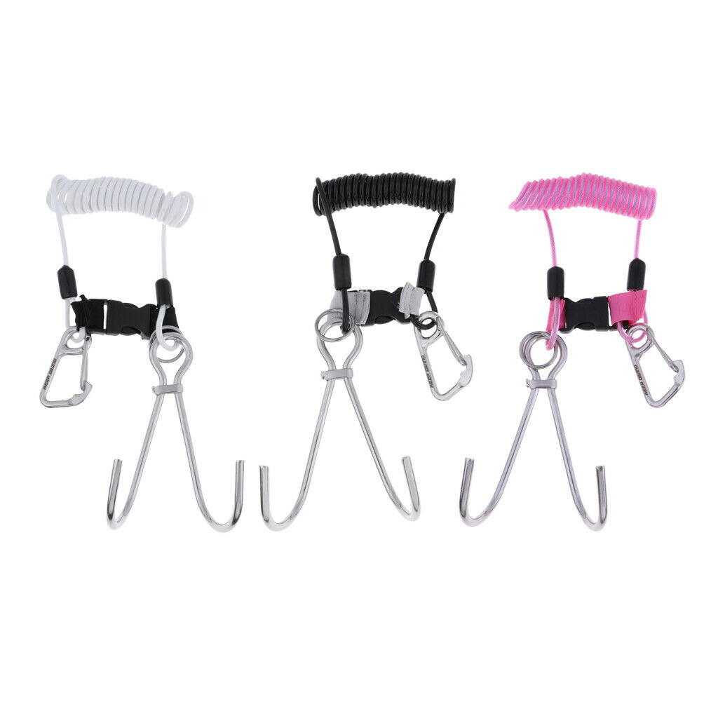 Scuba Diving Stainless Steel Dual Reef Hooks w/Spiral Coil Lanyard White