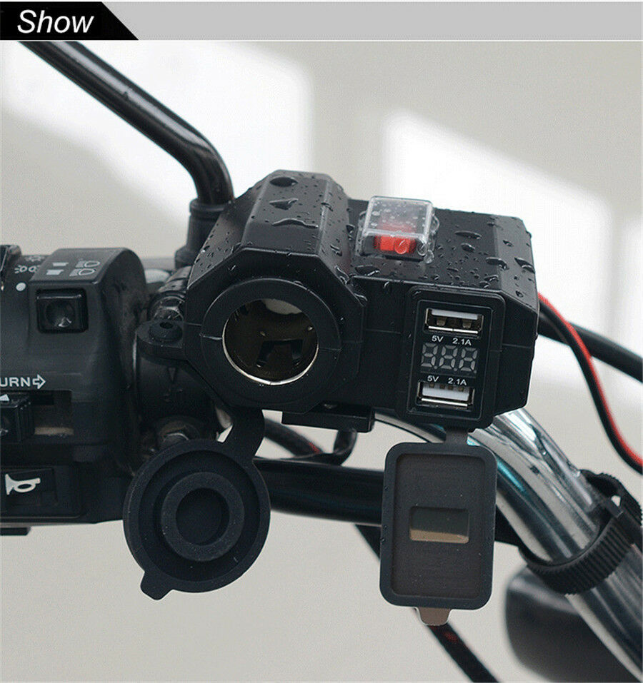 Waterproof Motorcycle Dual USB Charger Outlet Power Socket LED Digital Voltmeter