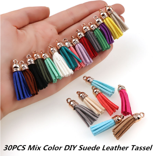 Lots 30Pcs Suede Leather Tassel DIY Keychain Pendant Jewelry Finding Charms NEW