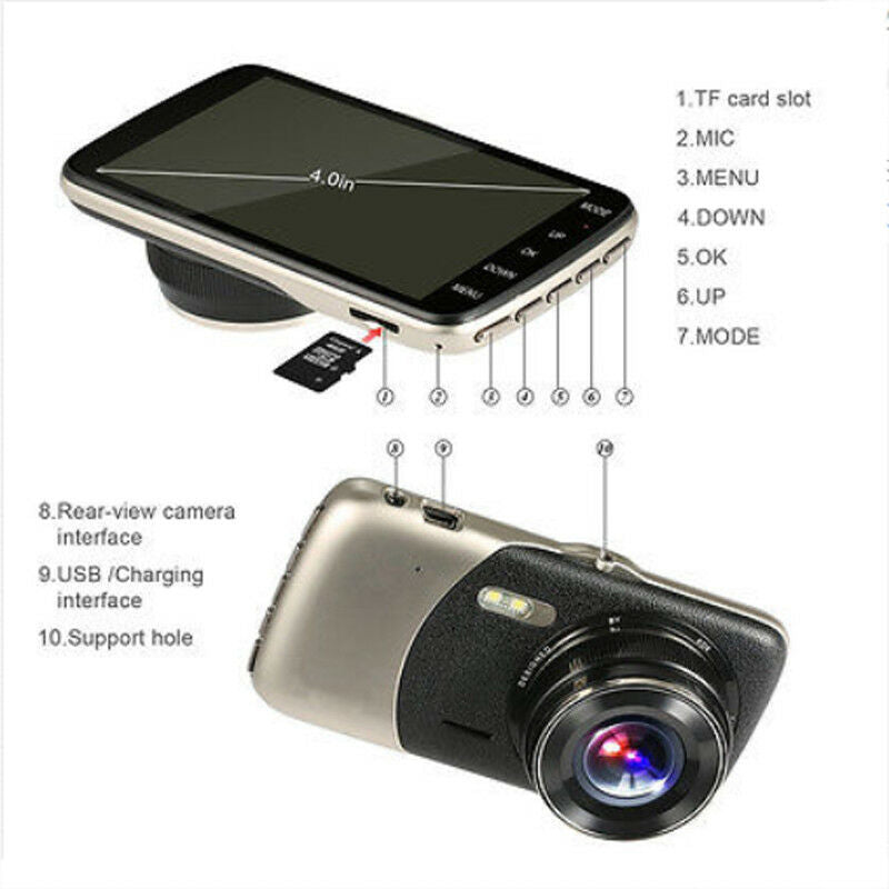 New 1080P 4" HD 170Â° Car Dash Camera Video DVR Cam Recorder + Rear view camera