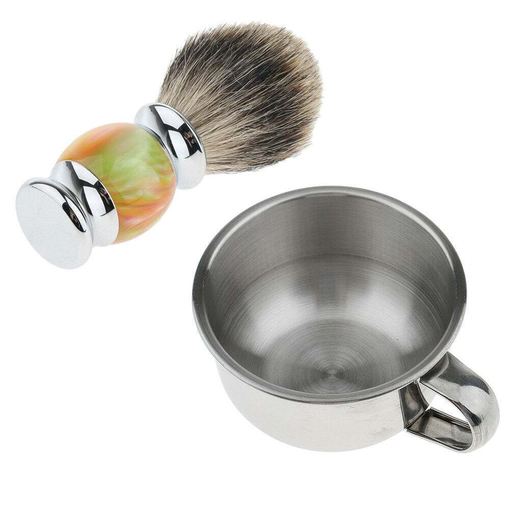 Stainless Male Shaving Bowl Barber Beard Soap Cup + Wood Handle Shave Brush