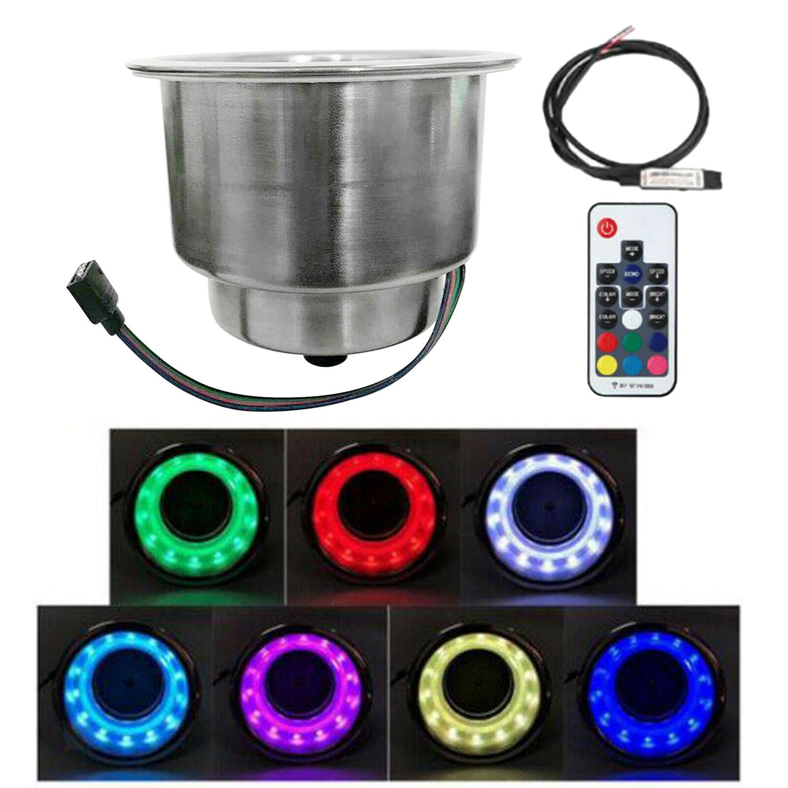 RGB LED Light Stainless Steel Drink Cup Holder Remote for Marine Boat Car