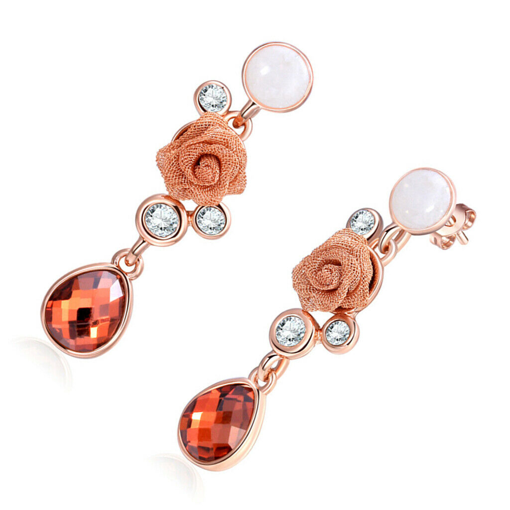 Chic Floral Roses Flower Drop Earrings Czech Drill Alloy Jewelry Accessories