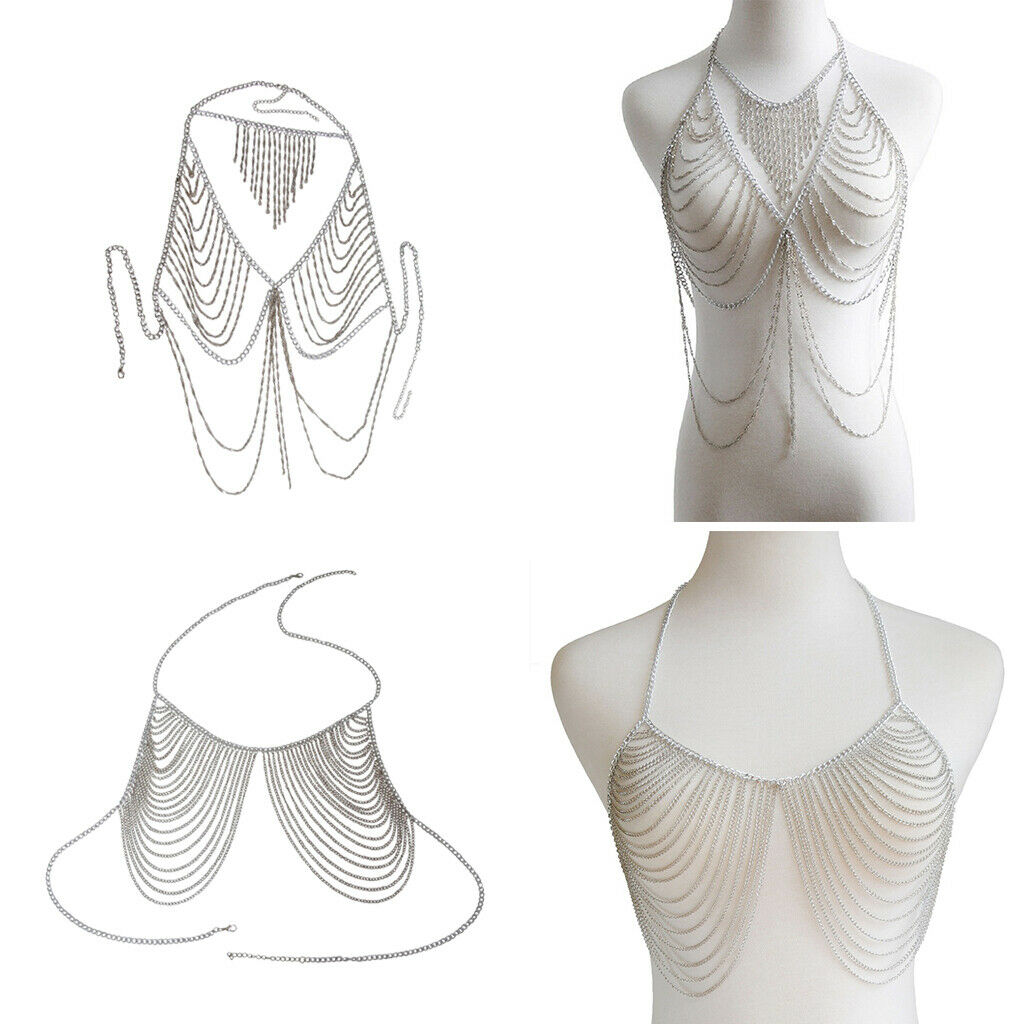 Alloy Body Chest Chains with Tassel Necklace for Womens Girls Bikini Top Bra