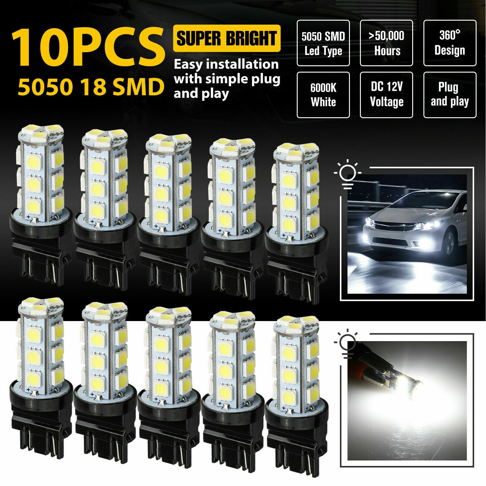 10 PCS 3157 3156 18SMD Reverse Brake/Stop/Turn Tail Back Up LED Light Bulb White