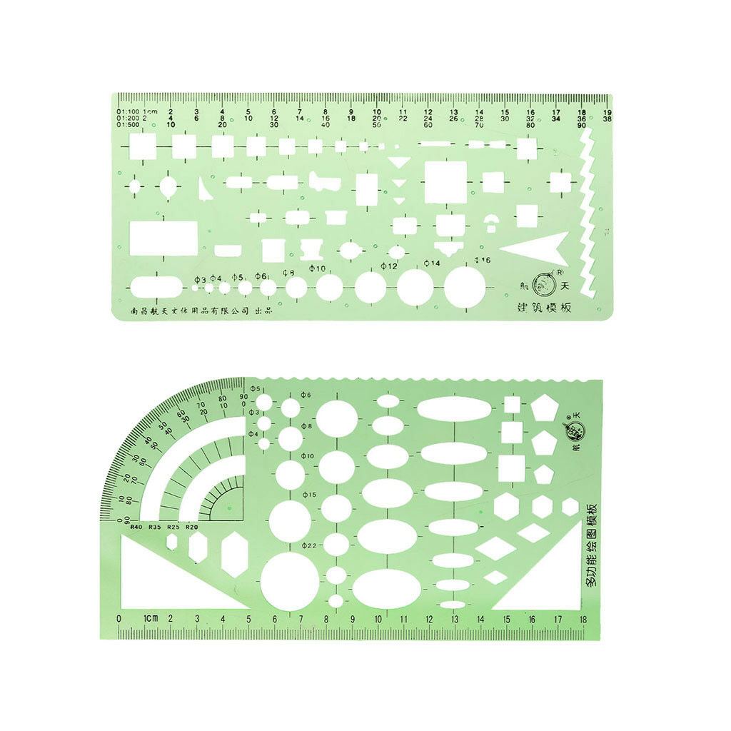 2x Multi-functional & Building Template Ruler Plastic Drafting Drawing Tool