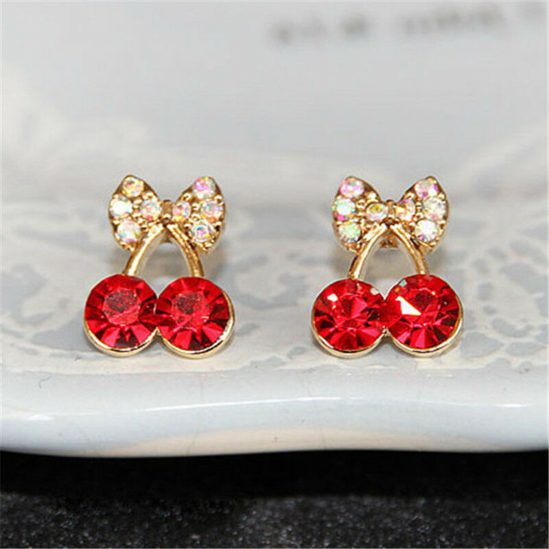 Women's Sweet Charm Crystal Cherry Bowknot Stud Earrings Rhinestone EarrinLDU Qx