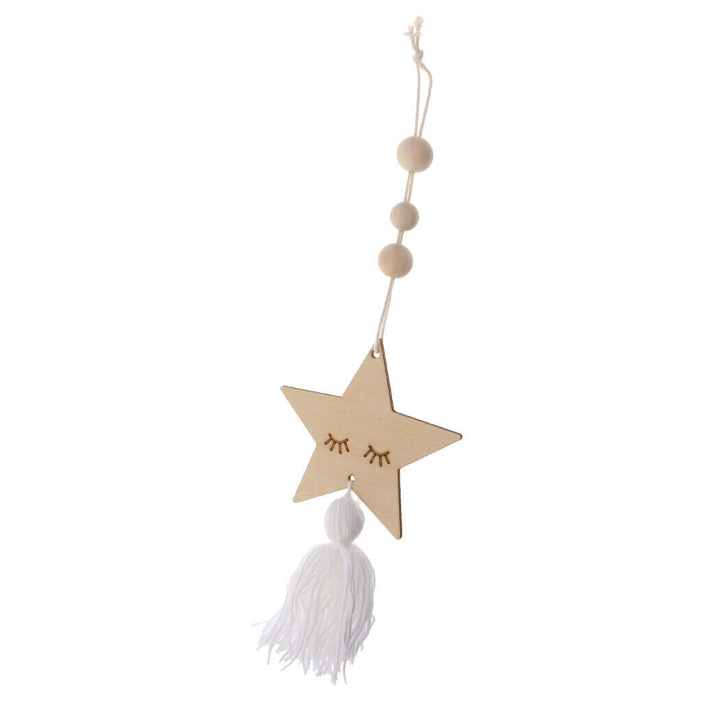 Nordic Wooden Beads Tassel Pendant Girls Wall Hanging Ornament Star White