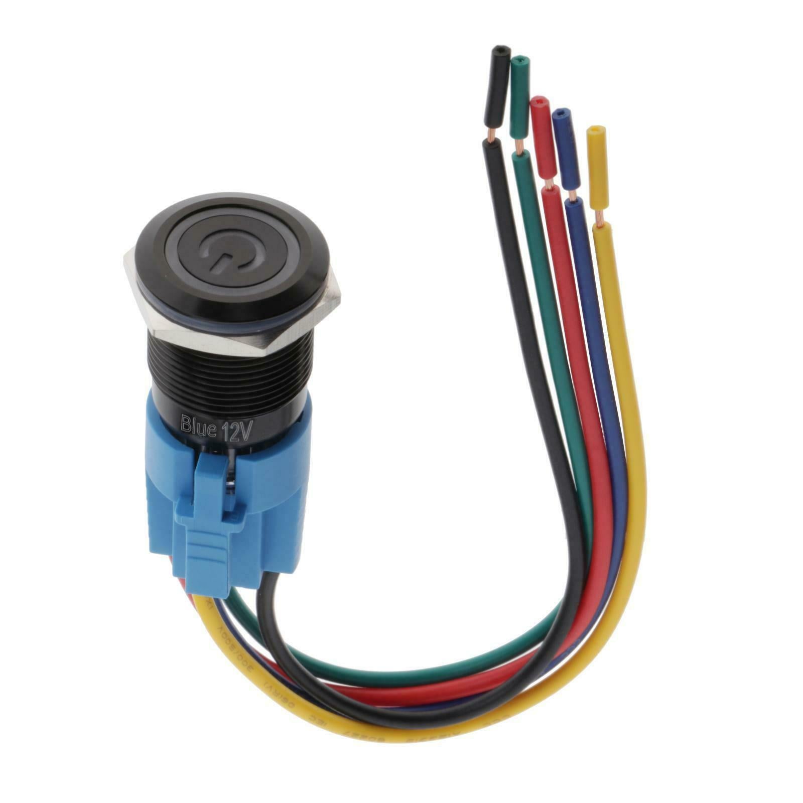 12V Black Latching Push Button Power Switch IP67 Waterproof Blue LED