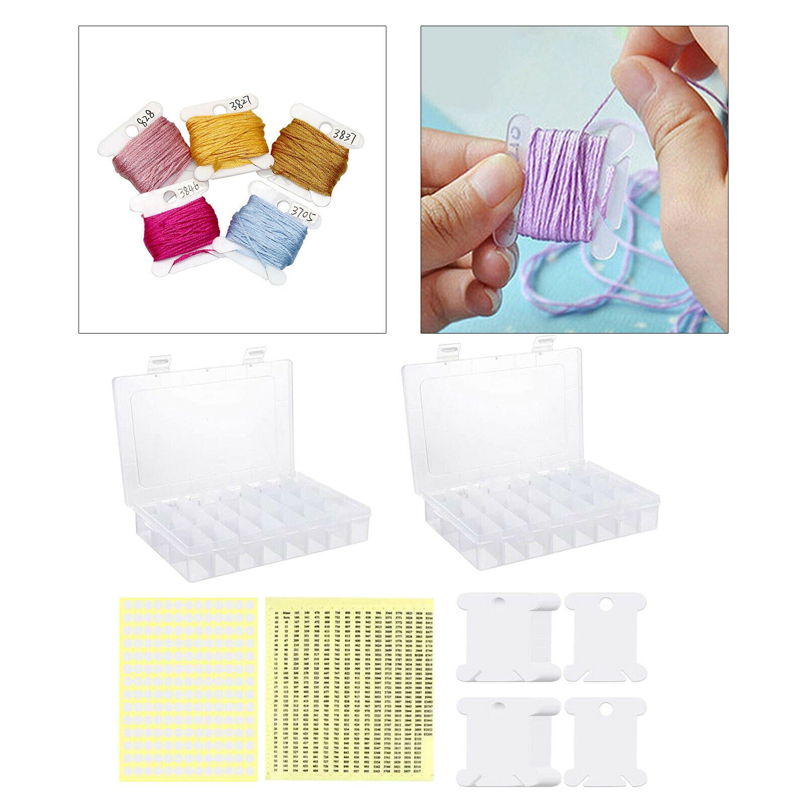 2x 24 Grids Plastic Embroidery Floss Cross Stitch Organizer Box with 150 Hard