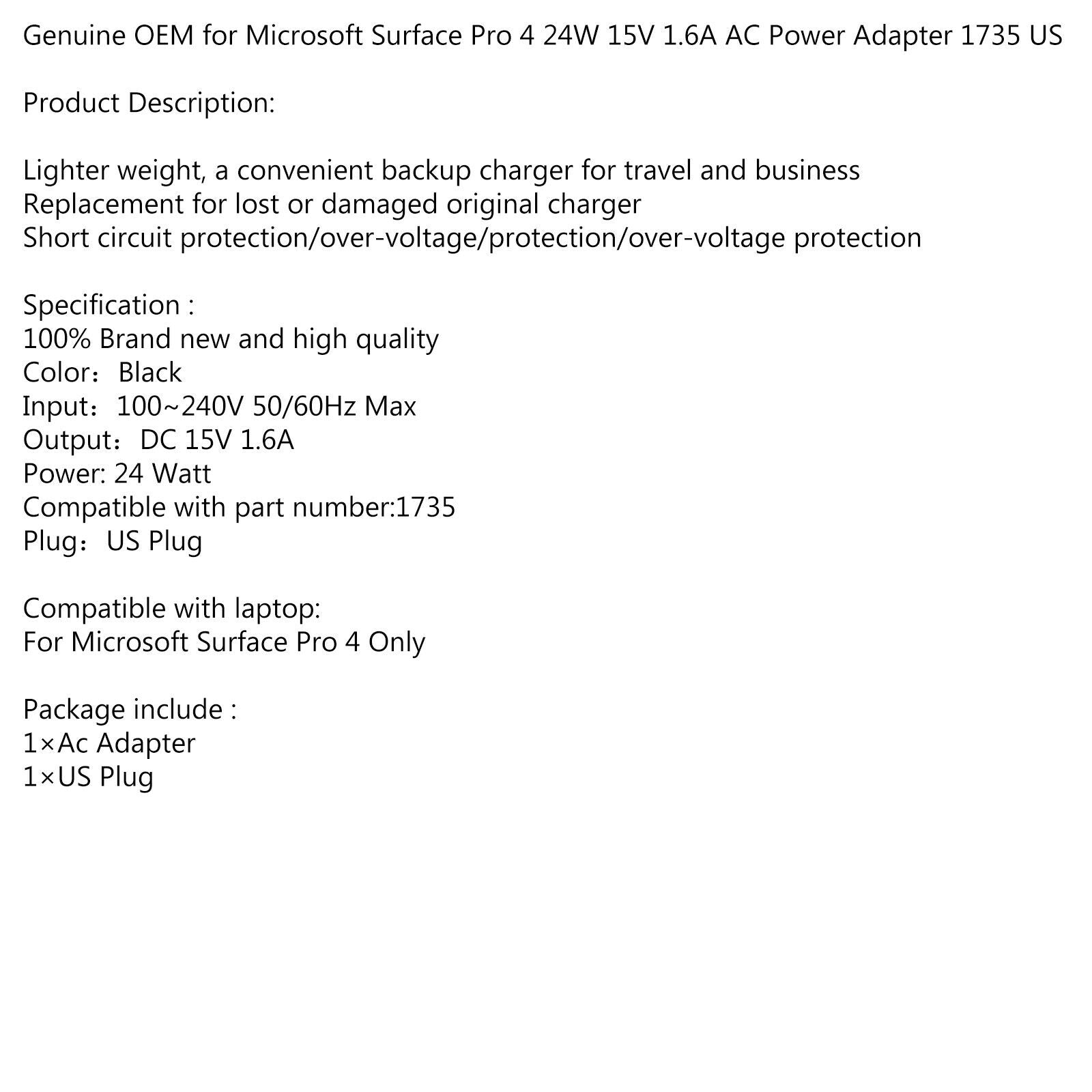 AC Adapter Charger Power for Microsoft Surface Pro 4 1735 15V 1.6A 24W B5 Plug
