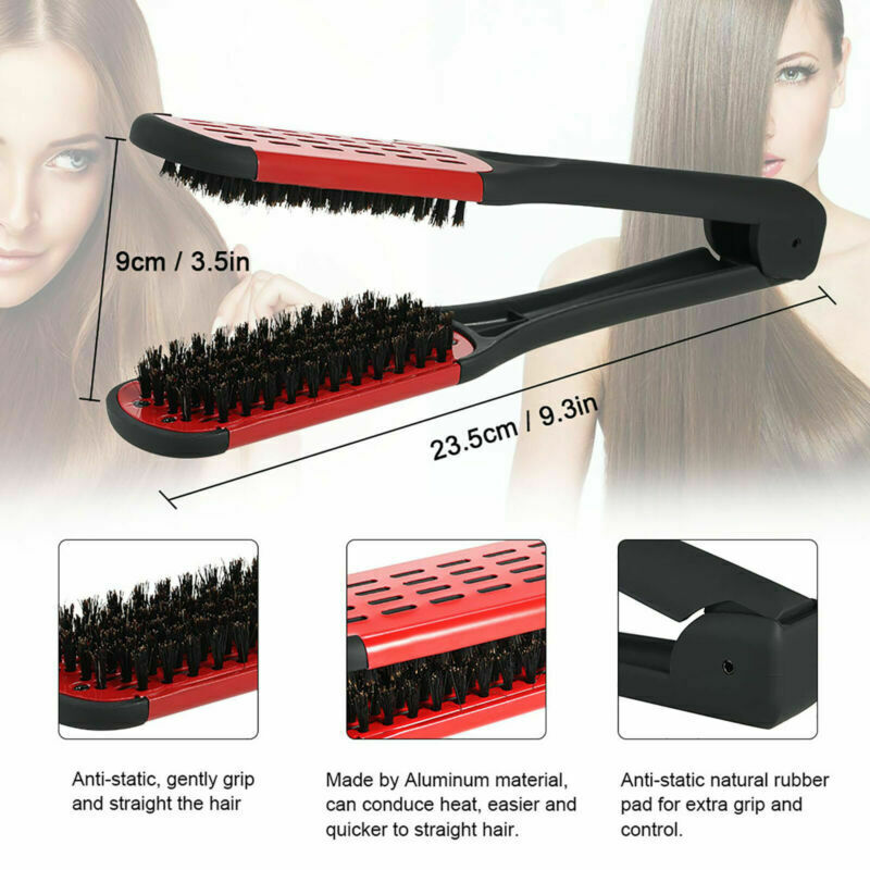 Hair Straightening Comb Double Sided Bristle Hair Brush Clamp Straightener I2V2