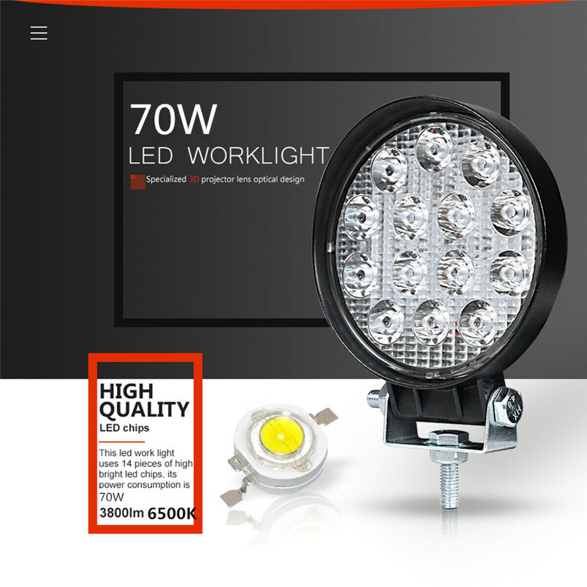 1Pc 4.5 INCH 70W LED Round Work Light Spot Driving Head Light Fog Lamp SUV