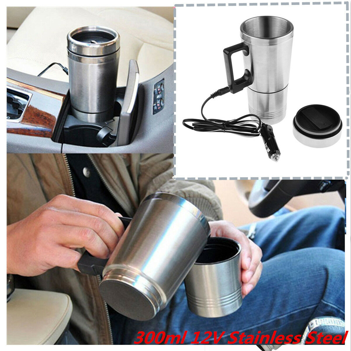 12V Stainless Steel Travel Heated Thermos Coffee Mug Cup With Car Charger 300ml