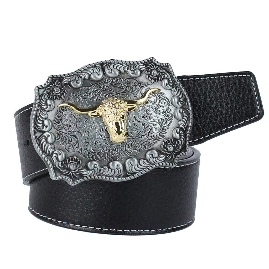 2x Square Longhorn Steer Head Cowboy Leather Belt Jeans Belt 1.5" Wide