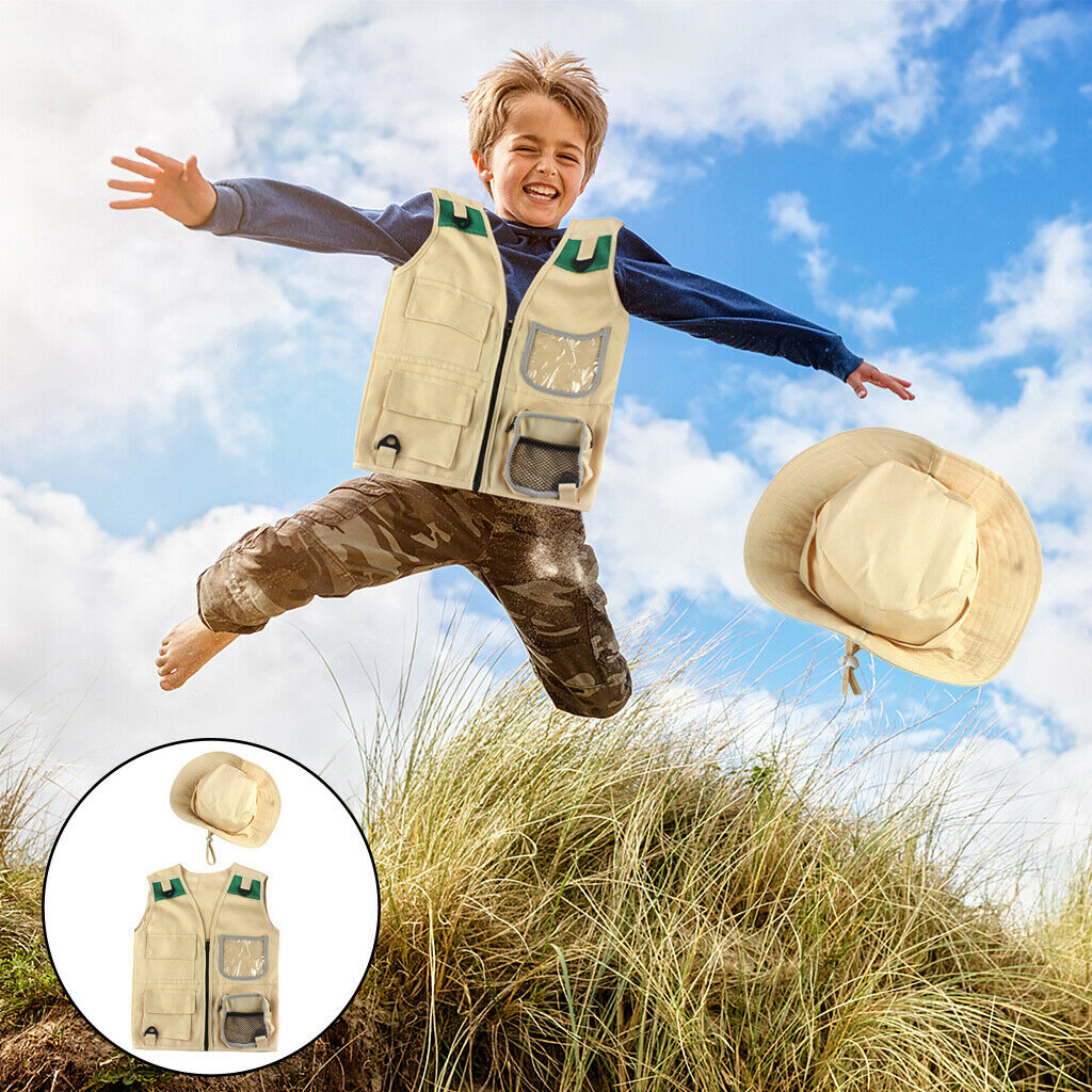 Cargo Vest & Hat for Boys Girls Hiking Outdoor Explorer Set Party Unisex