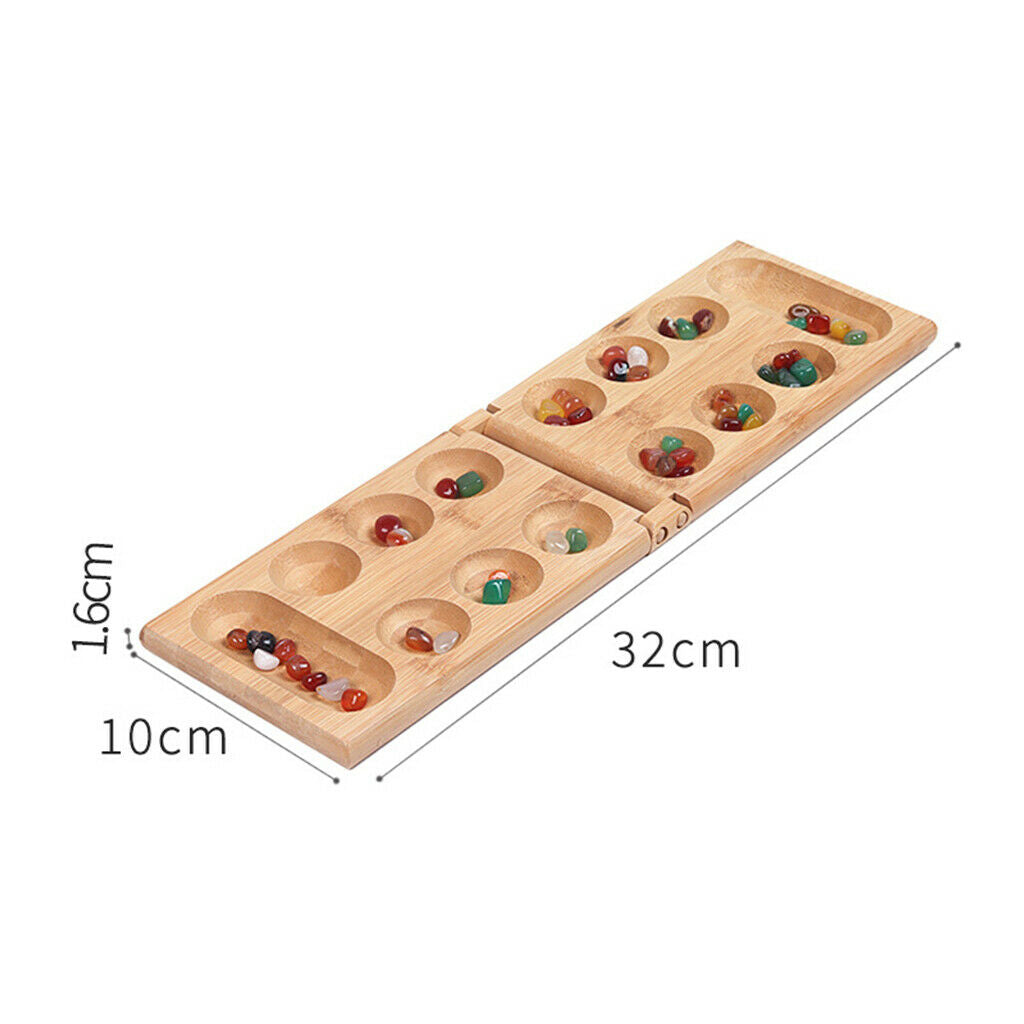Portable Foldable Wooden Mancala Board Game with 48 Colourful Stones for Kids