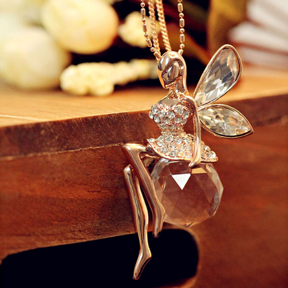 Fashion Women Fairy Angel Wing Crystal Pendant Long Chain Sweater Necklace Gift