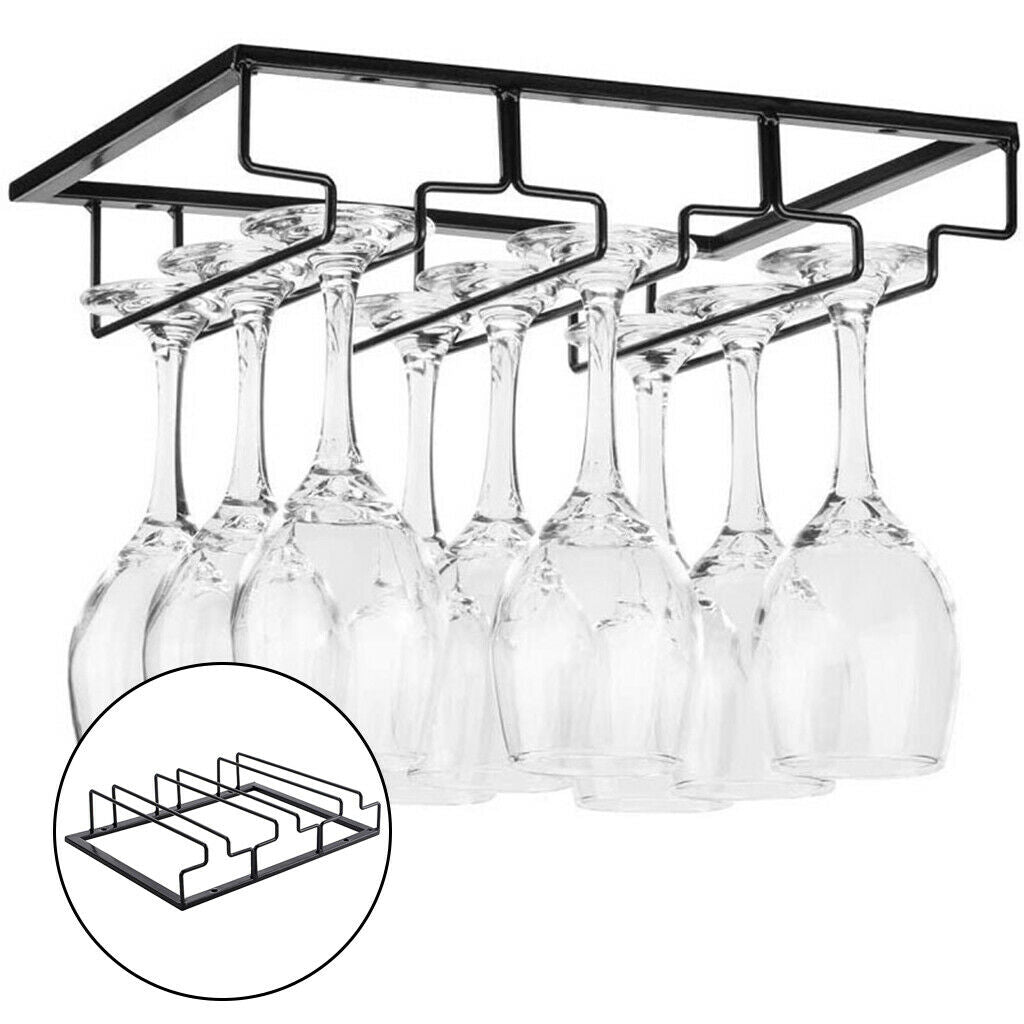 Wine Glass Holder Under Cabinet Metal Rack Glasses Storage 3 Rows Black Iron
