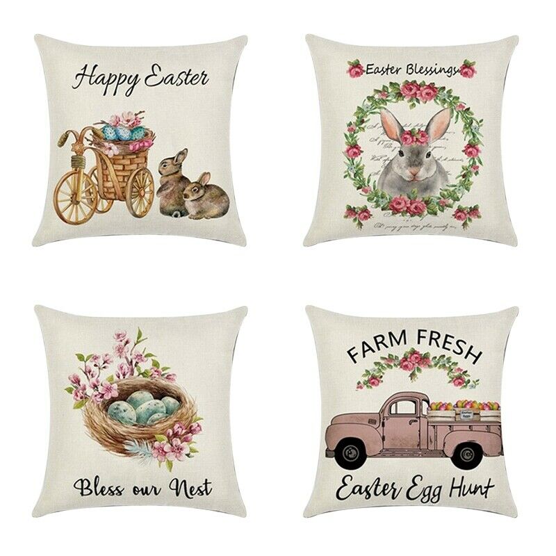 4 PCS Easter Bunny Wreath Pillowcase Linen Pillow Cover Home Decor Square CuH9I5