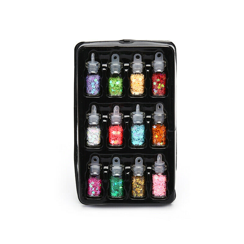 12 Nail Art Glitter Flakes Sequin Caviar UV Gel Decor Dust Tips Bott PxJ TdJ Kt