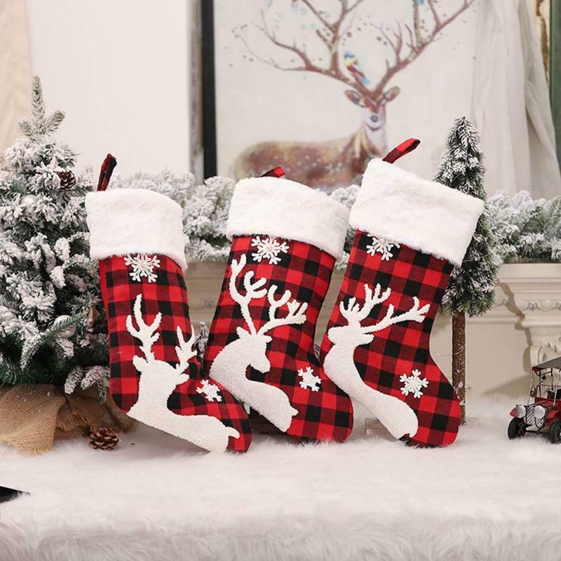 4pcs Plaid Snowflake Christmas Stockings 18'' Large Red and Black Xmas Stockings