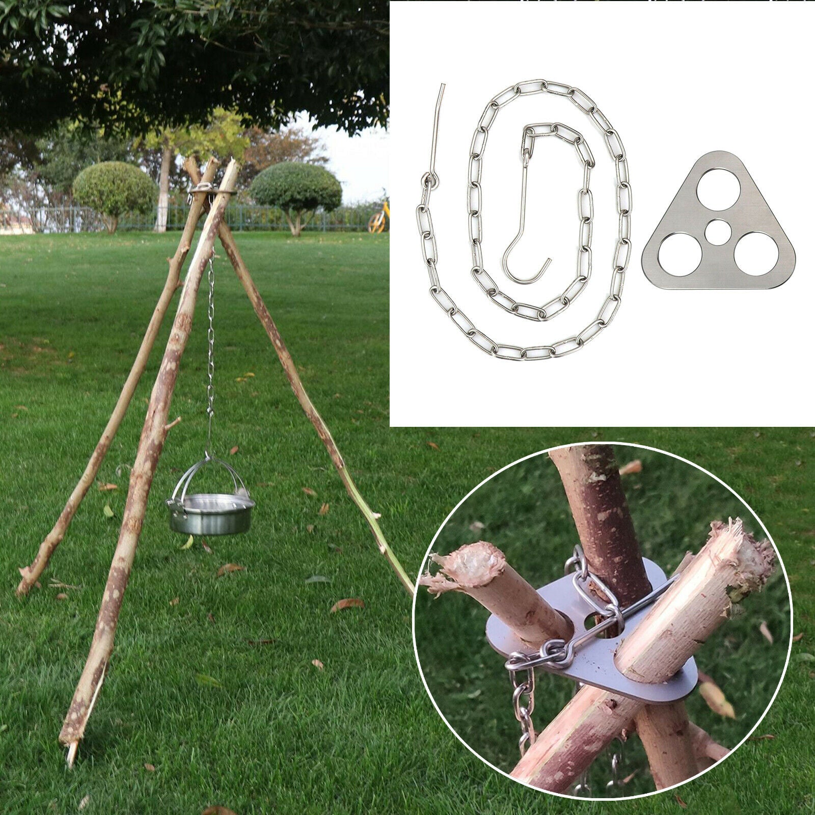 Camping Tripod Set Stainless Steel Campfire Hanging Pot Holder Rack S Hook