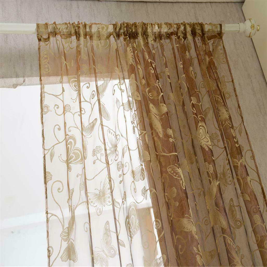 Flocking Voile Curtain Grommet Window Panel Butterfly  Coffee 200x250cm