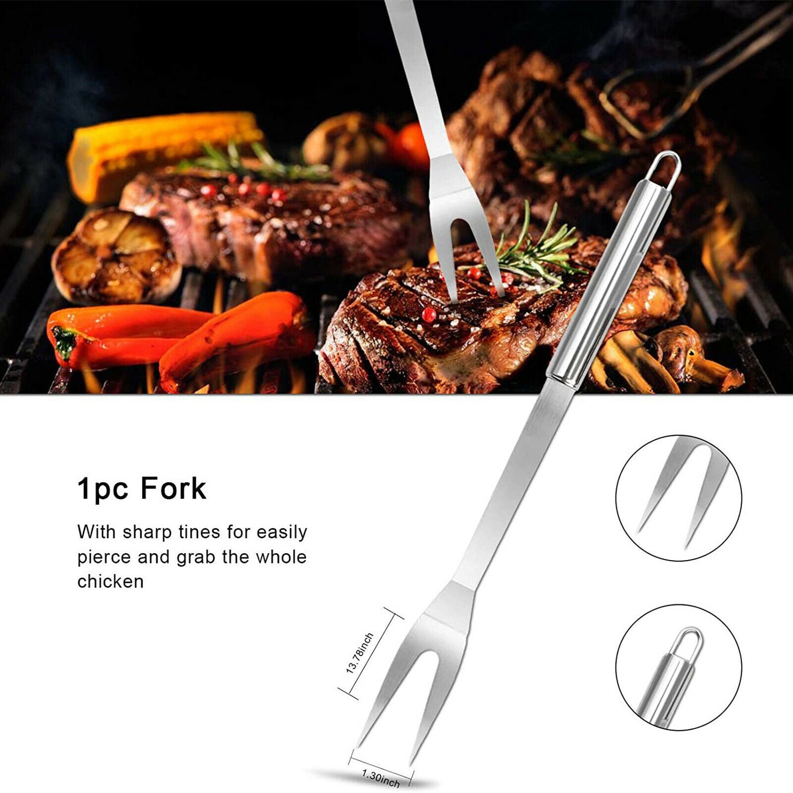 20Pcs Stainless Steel BBQ / Grilling Tool Set - Tongs Fork Cleaning Brush