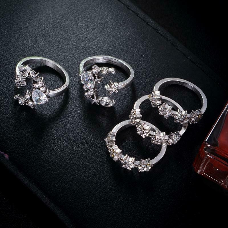 5PCS Shiny Crystal Moon Star Fully Inlaid Cubic Zircon Finger Knuckles Ring Set