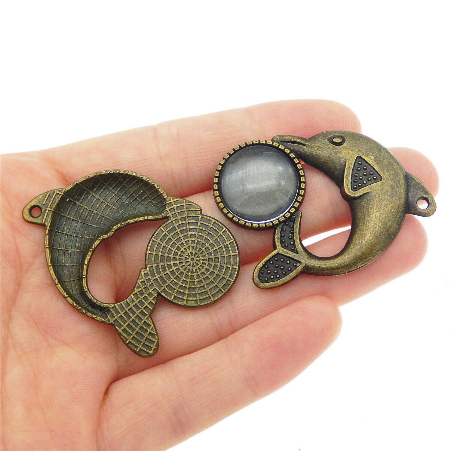 5 Sets/lot Bronze Alloy Dolphin Bezel Tray Glass Cabs Pendant Charms Jewelry DIY