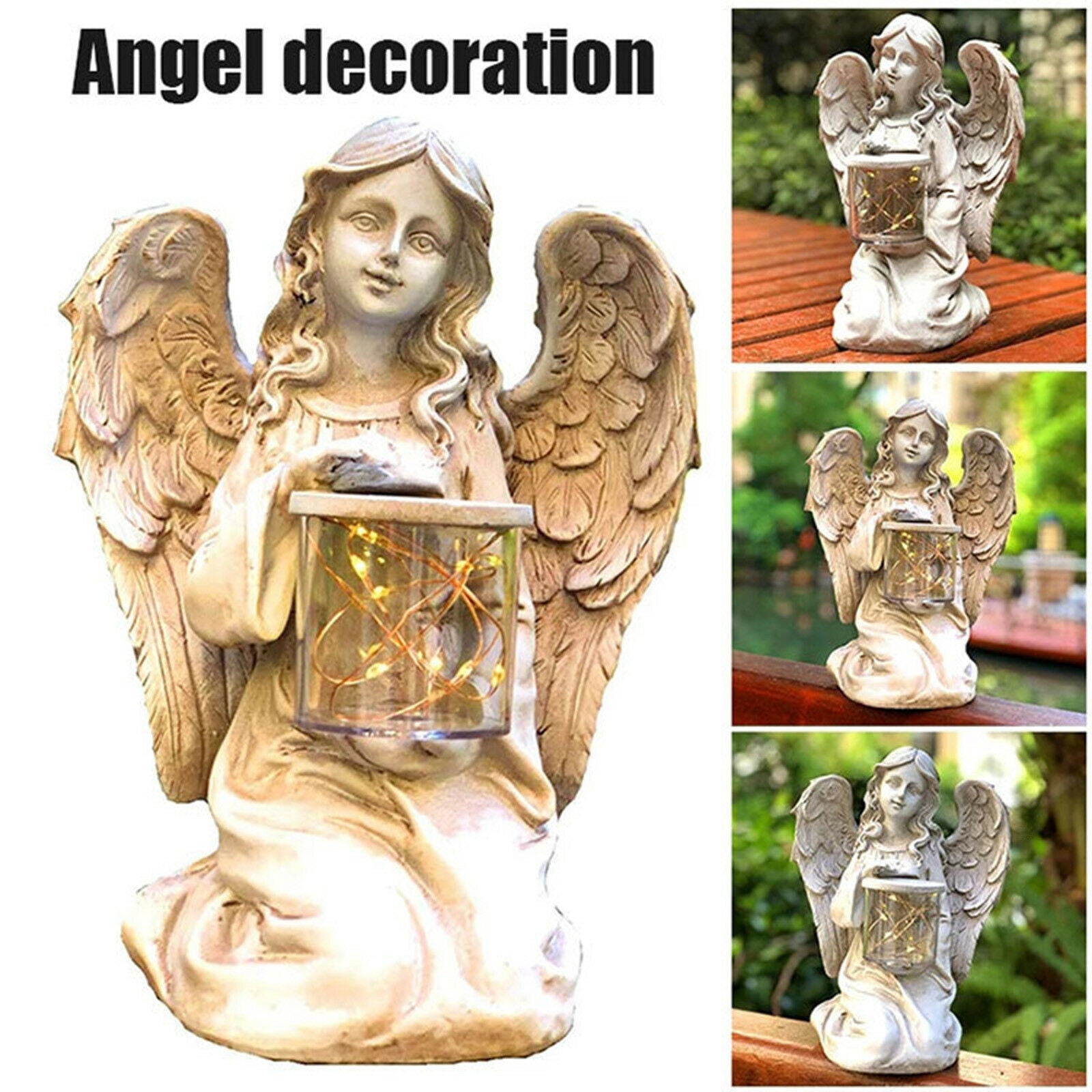 Kneeling Angel Girl Statue Home Decor Wings Angel with LED Light Sculpture