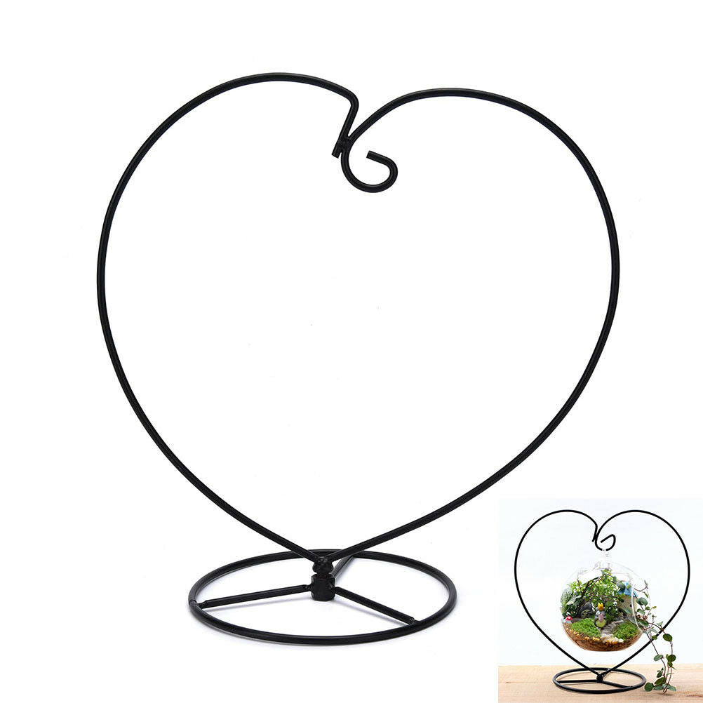 Black Heart-shaped Iron Hanging Plant Glass Vase Terrarium Stand Holder BDAU