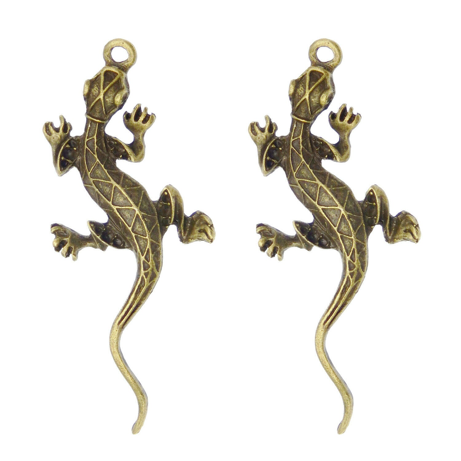 Lot of (x8) Antiqued Bronze Metal Lizard Craft Hollowed Pendant Charm 51x26x6mm