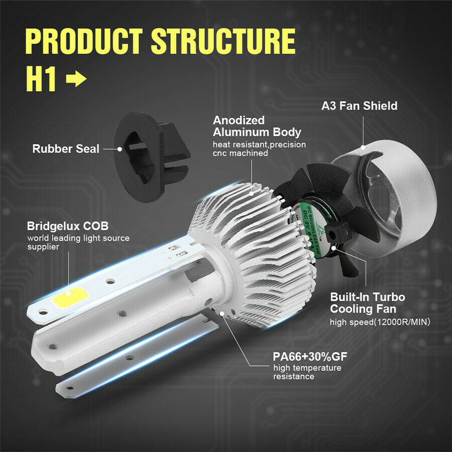 H1 LED Headlight Bulb All-in-One Conversion Kit 6000K White IP68  Waterproof 2PC