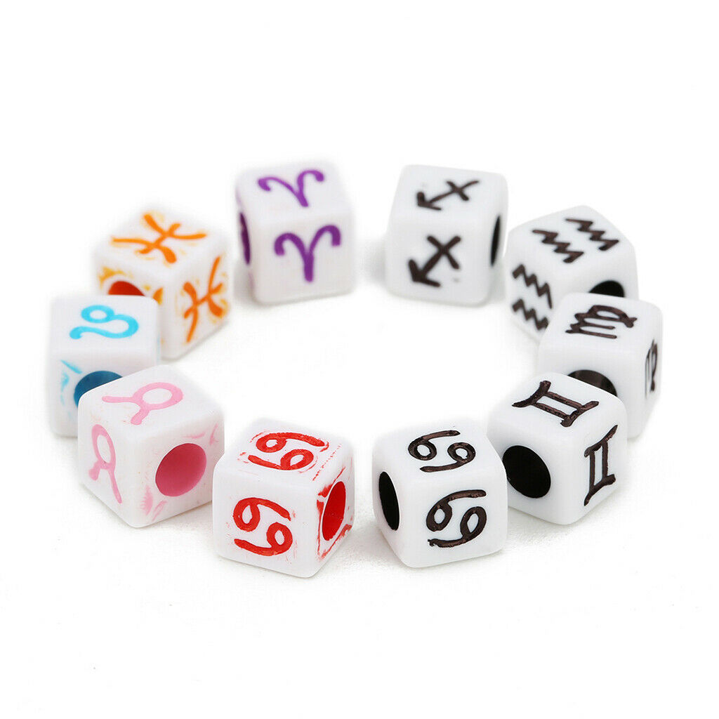 100x Black Acrylic Cube Beads with Zodiac Designs DIY Jewelry Charm