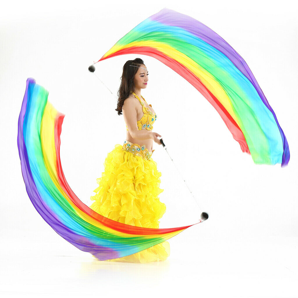 2X Belly Dance Silk Veil Poi Throw Balls Dancing Accessories Rainbow
