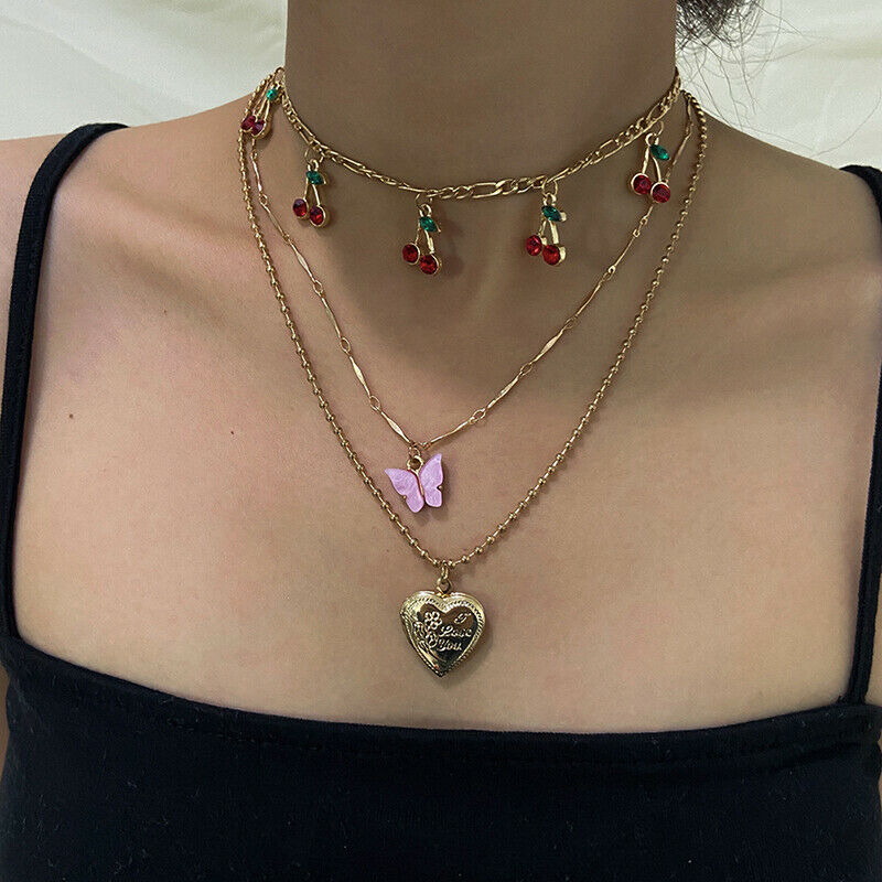 Acrylic Butterfly Heart Pendant Necklace Women Multilayer Cherry Choker J.l8