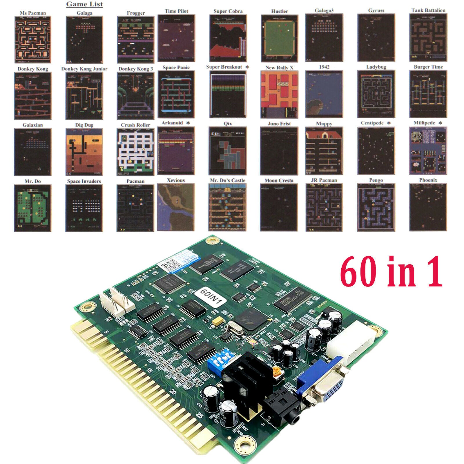 Classic 60 In1 Vertical Multi Arcade Game Board JAMMA Board CGA / VGA Output New
