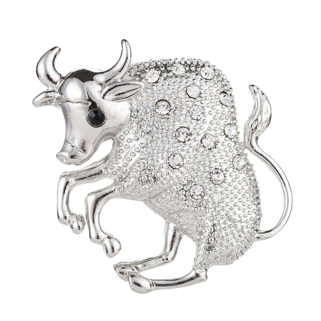 Silvery Tone Clear Crystal Rhinestone Cow Animal Brooch Pin For Men Women